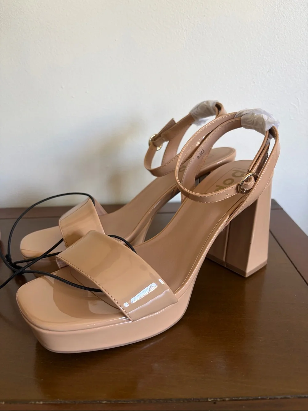 pop Nude Patent Platform Sandals with Gold Buckle